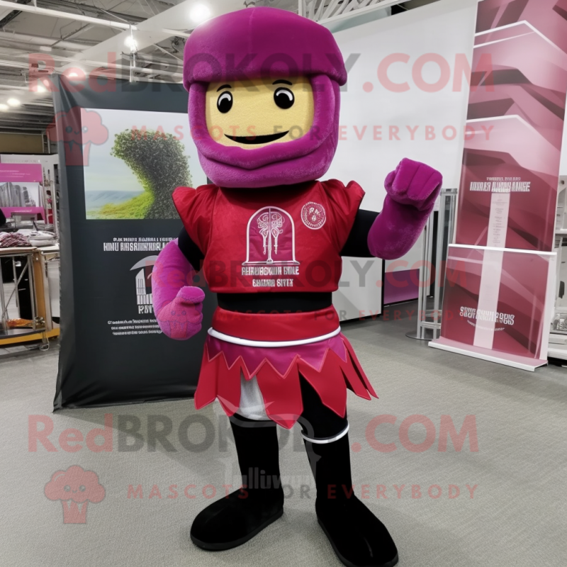 Magenta Roman Soldier mascot costume character dressed with a Suit Pants and Earrings