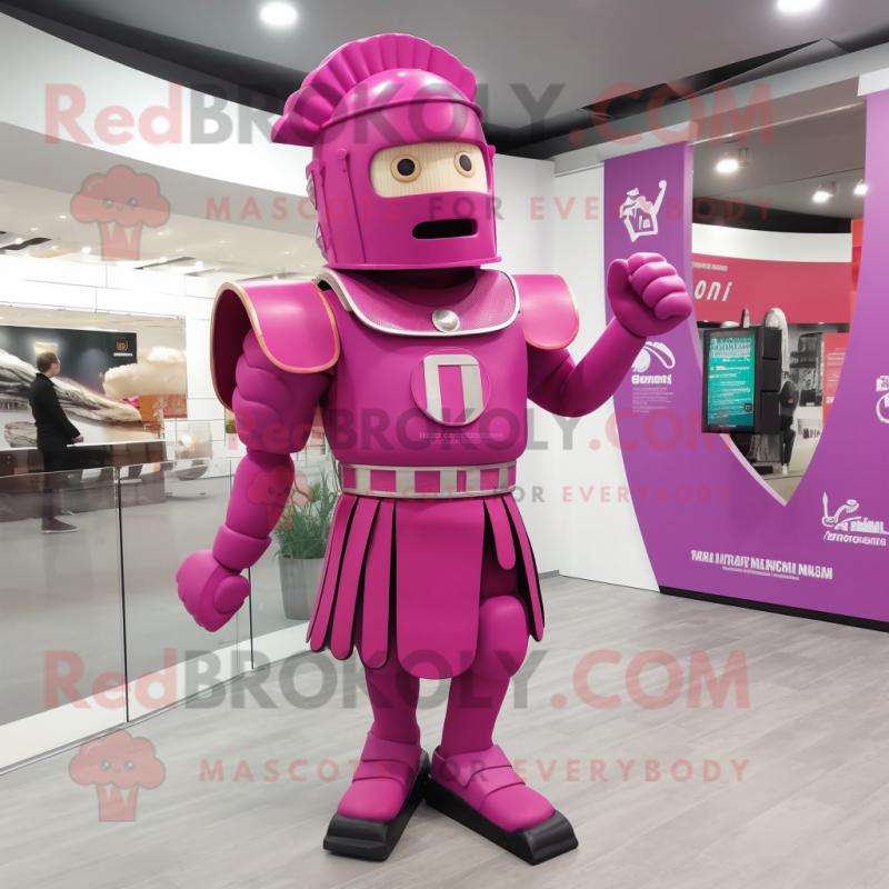 Magenta Roman Soldier mascot costume character dressed with a Suit Pants and Earrings