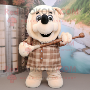 Beige Bagpipe mascot costume character dressed with a Button-Up Shirt and Mittens