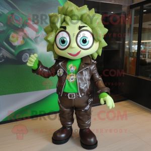 Green Gyro mascot costume character dressed with a Leather Jacket and Hair clips