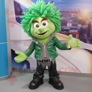 Green Gyro mascot costume character dressed with a Leather Jacket and Hair clips