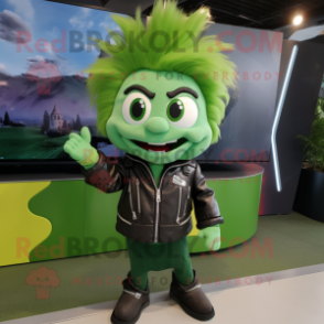 Green Gyro mascot costume character dressed with a Leather Jacket and Hair clips