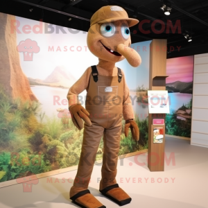 Brown Stilt Walker mascot costume character dressed with a Dungarees and Digital watches