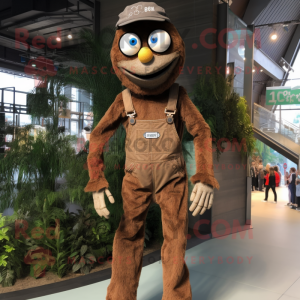 Brown Stilt Walker mascot costume character dressed with a Dungarees and Digital watches