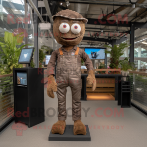 Brown Stilt Walker mascot costume character dressed with a Dungarees and Digital watches