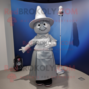 Silver Golf Bag mascot costume character dressed with a A-Line Skirt and Hat pins