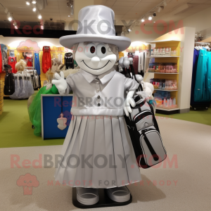 Silver Golf Bag mascot costume character dressed with a A-Line Skirt and Hat pins