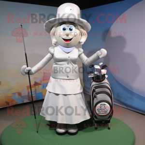Silver Golf Bag mascot costume character dressed with a A-Line Skirt and Hat pins