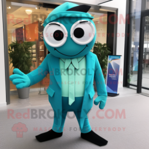 Teal Spinach mascot costume character dressed with a Suit Pants and Scarves