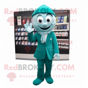 Teal Spinach mascot costume character dressed with a Suit Pants and Scarves