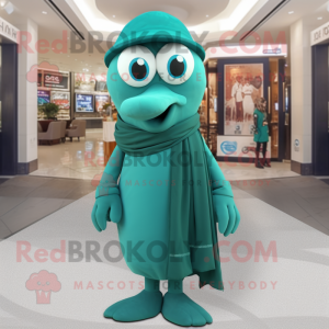 Teal Spinach mascot costume character dressed with a Suit Pants and Scarves