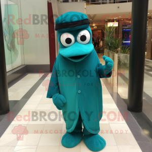 Teal Spinach mascot costume character dressed with a Suit Pants and Scarves