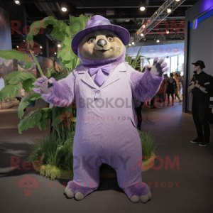 Lavender Giant Sloth mascot costume character dressed with a Suit Pants and Hats