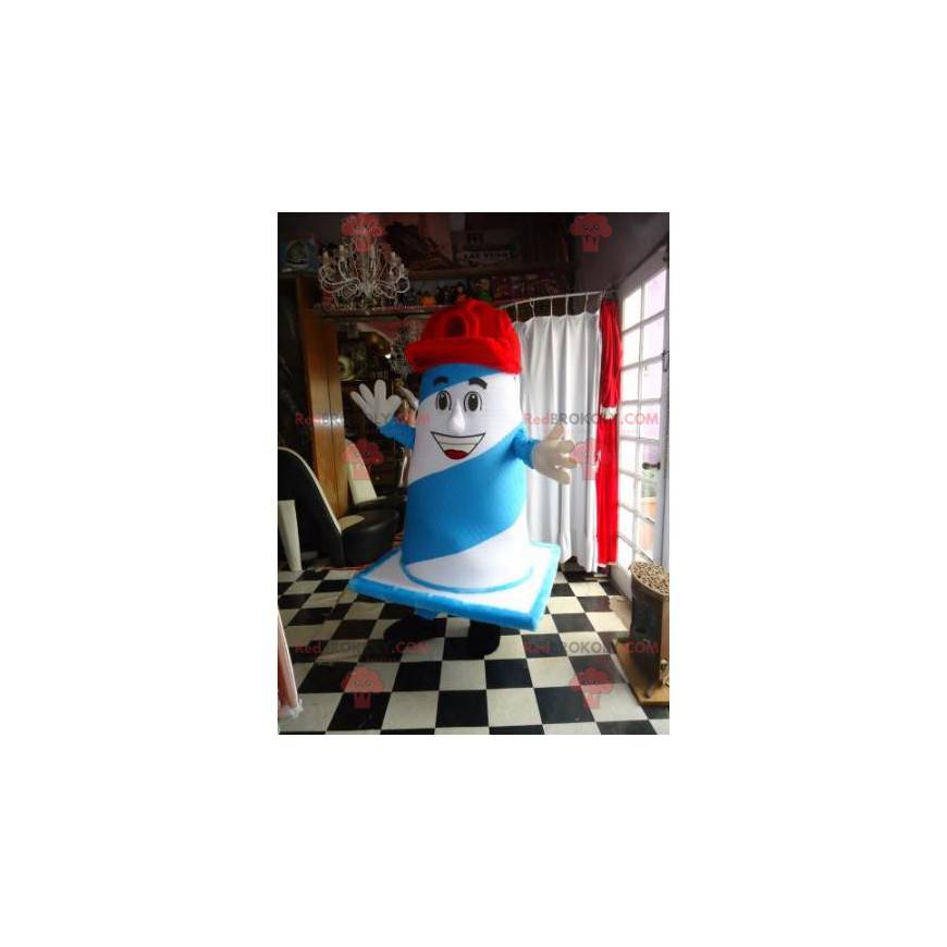 Mascotte gigante blu e bianco con un berretto - Redbrokoly.com