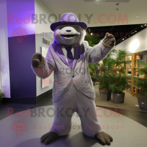 Lavender Giant Sloth mascot costume character dressed with a Suit Pants and Hats
