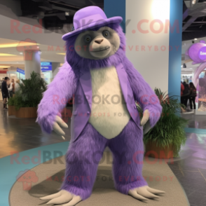 Lavender Giant Sloth mascot costume character dressed with a Suit Pants and Hats