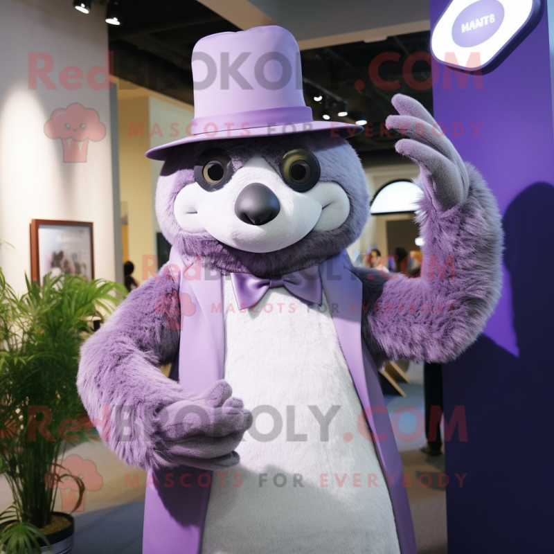 Lavender Giant Sloth mascot costume character dressed with a Suit Pants and Hats