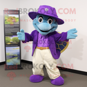 Purple Sea Turtle mascot costume character dressed with a Culottes and Hat pins
