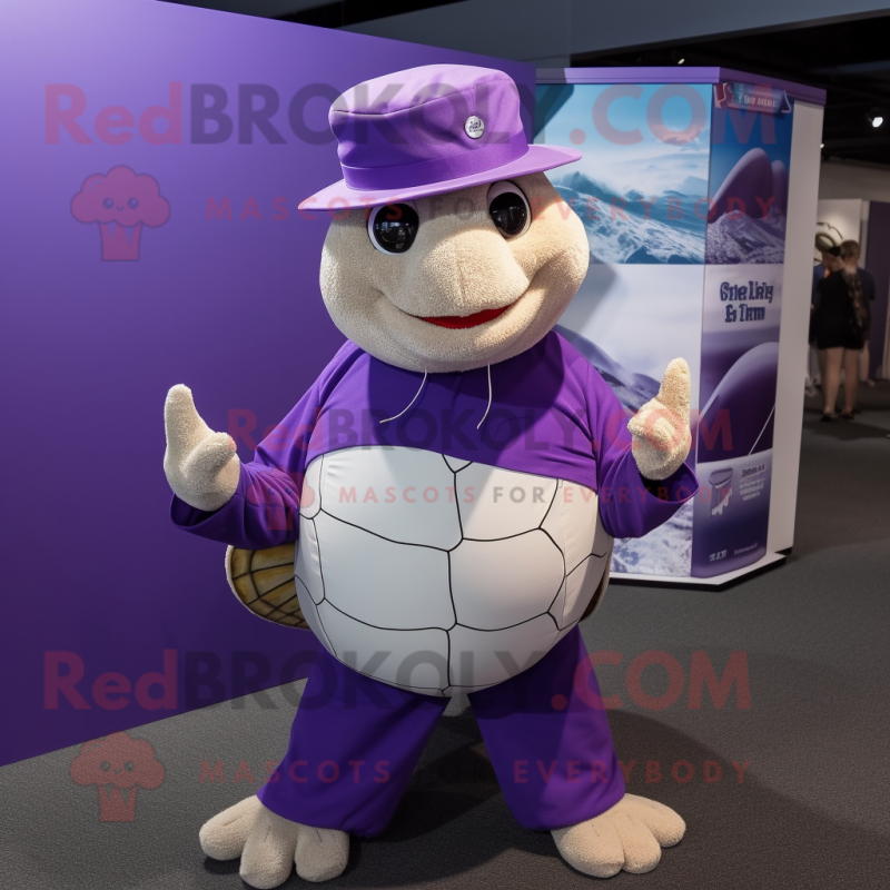 Purple Sea Turtle mascot costume character dressed with a Culottes and Hat pins Purple Sea Turtle mascot costume character dressed with a Culottes and Hat pins
