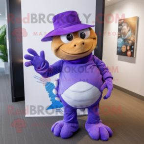 Purple Sea Turtle mascot costume character dressed with a Culottes and Hat pins