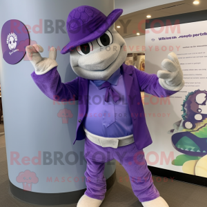 Purple Sea Turtle mascot costume character dressed with a Culottes and Hat pins