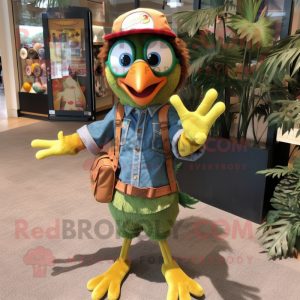 Olive Woodpecker mascot costume character dressed with a Denim Shorts and Suspenders
