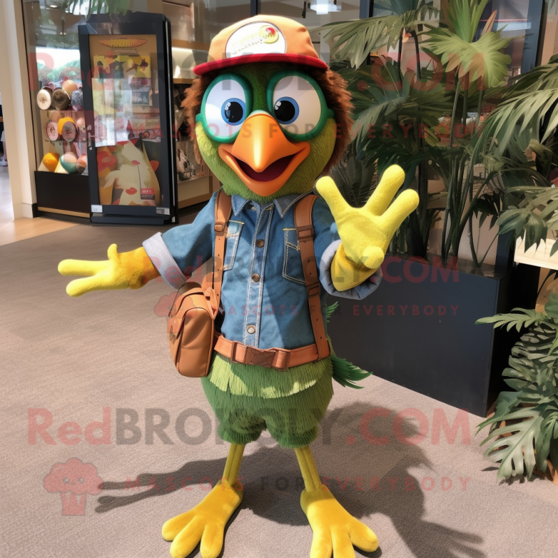 Olive Woodpecker mascot costume character dressed with a Denim Shorts and Suspenders Olive Woodpecker mascot costume character dressed with a Denim Shorts and Suspenders