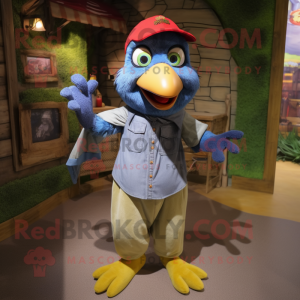 Olive Woodpecker mascot costume character dressed with a Denim Shorts and Suspenders