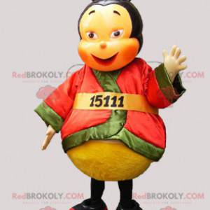 Asiatisk bie-maskot kledd i et fargerikt antrekk -