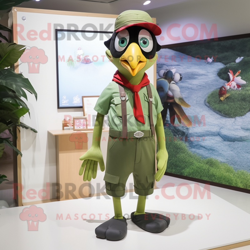 Olive Woodpecker mascot costume character dressed with a Denim Shorts and Suspenders