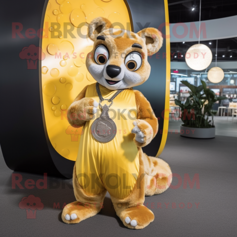 Gold Lemur mascot costume character dressed with a V-Neck Tee and Coin purses