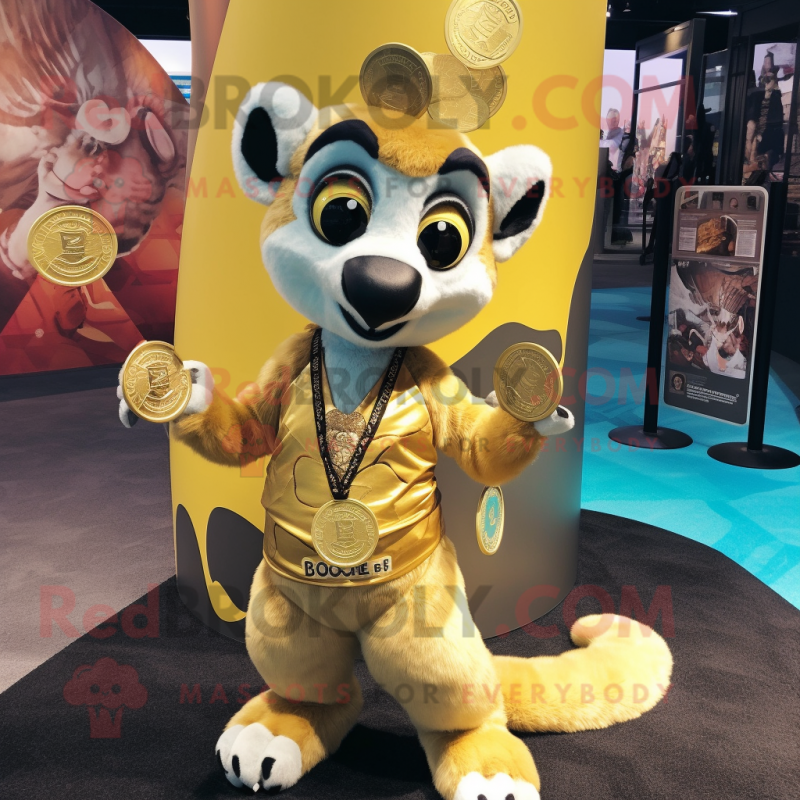 Gold Lemur mascot costume character dressed with a V-Neck Tee and Coin purses Gold Lemur mascot costume character dressed with a V-Neck Tee and Coin purses