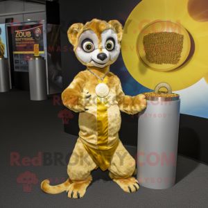 Gold Lemur mascot costume character dressed with a V-Neck Tee and Coin purses