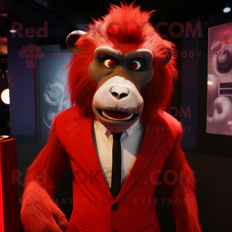 Red Baboon mascot costume character dressed with a Suit and Tie pins