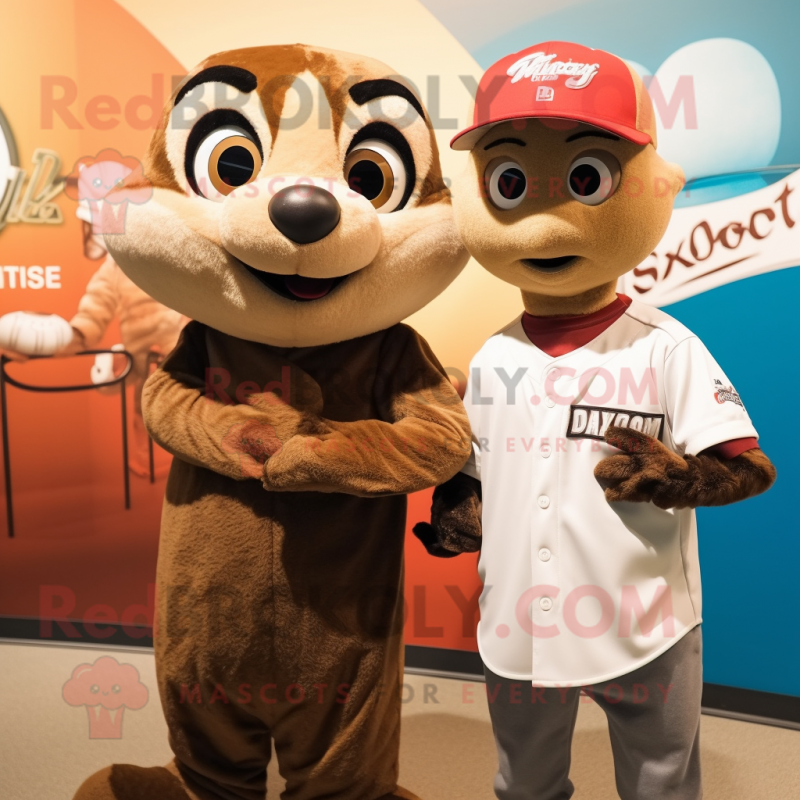 Brown Meerkat mascot costume character dressed with a Baseball Tee and Watches Brown Meerkat mascot costume character dressed with a Baseball Tee and Watches