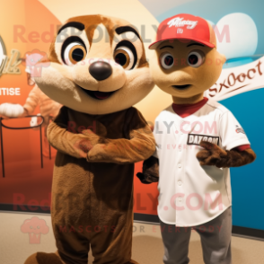 Brown Meerkat mascot costume character dressed with a Baseball Tee and Watches