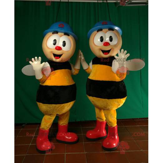 2 mascottes d'abeilles d'ouvrières avec un casque -