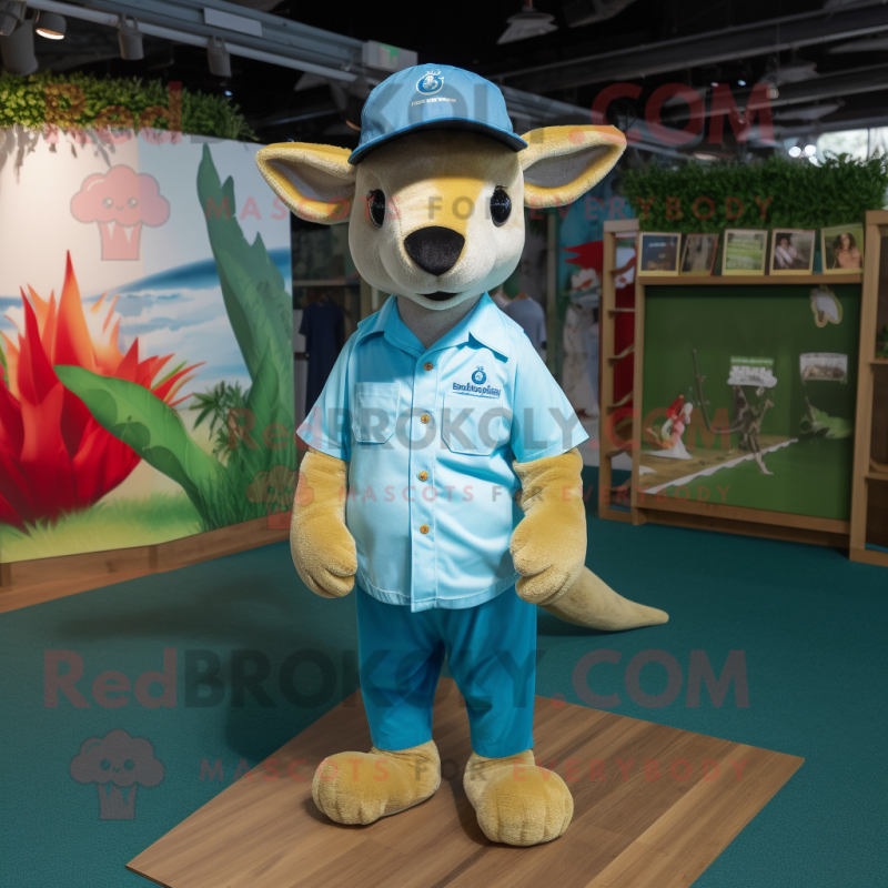 Cyan Kangaroo mascot costume character dressed with a Oxford Shirt and Caps