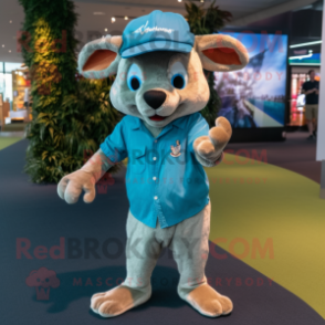 Cyan Kangaroo mascot costume character dressed with a Oxford Shirt and Caps