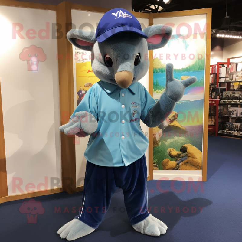 Cyan Kangaroo mascot costume character dressed with a Oxford Shirt and Caps