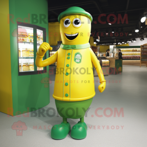 Green Bottle Of Mustard mascot costume character dressed with a Jeggings and Cufflinks