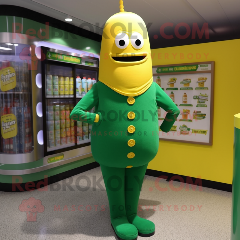 Green Bottle Of Mustard mascot costume character dressed with a Jeggings and Cufflinks