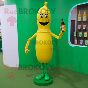 Green Bottle Of Mustard mascot costume character dressed with a Jeggings and Cufflinks