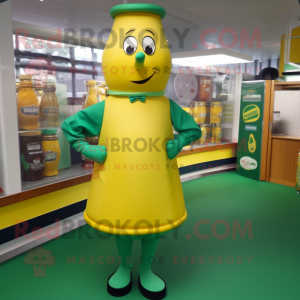 Green Bottle Of Mustard mascot costume character dressed with a Jeggings and Cufflinks