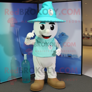 Cyan Bottle Of Milk mascot costume character dressed with a Cargo Pants and Hat pins