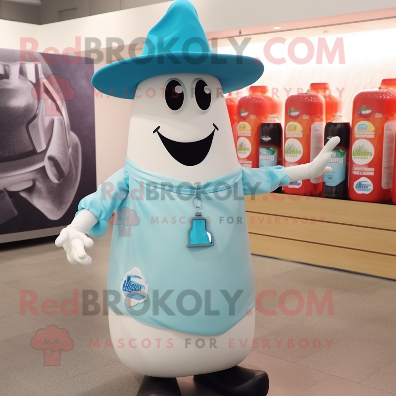 Cyan Bottle Of Milk mascot costume character dressed with a Cargo Pants and Hat pins