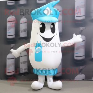 Cyan Bottle Of Milk mascot costume character dressed with a Cargo Pants and Hat pins