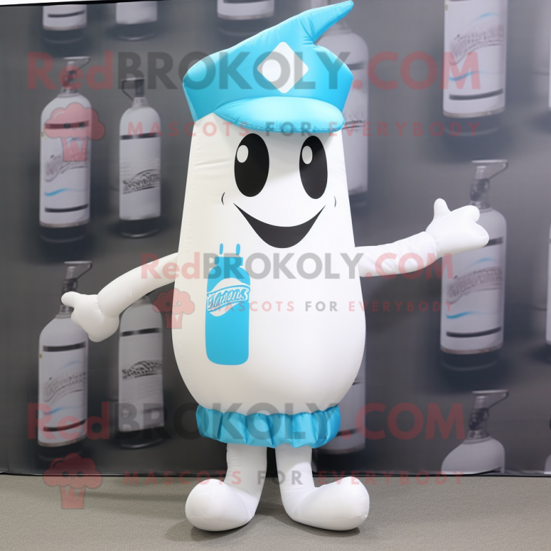 Cyan Bottle Of Milk mascot costume character dressed with a Cargo Pants and Hat pins Cyan Bottle Of Milk mascot costume character dressed with a Cargo Pants and Hat pins