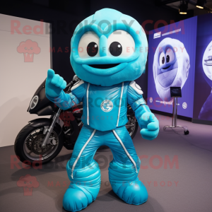 Cyan Croissant mascot costume character dressed with a Moto Jacket and Foot pads