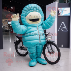 Cyan Croissant mascot costume character dressed with a Moto Jacket and Foot pads